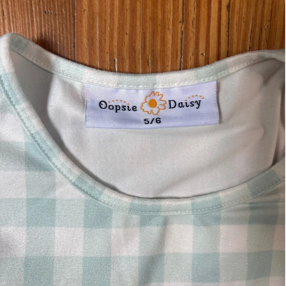 Oopsie Daisy Dress Kids Blue Gingham Floral Ruffle Sash SIZE 5/6